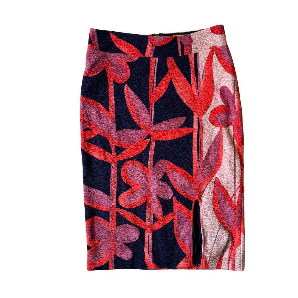 Maeve Anthropologie Pencil Skirt Small Bold Floral Print Red Pink Navy Back Slit